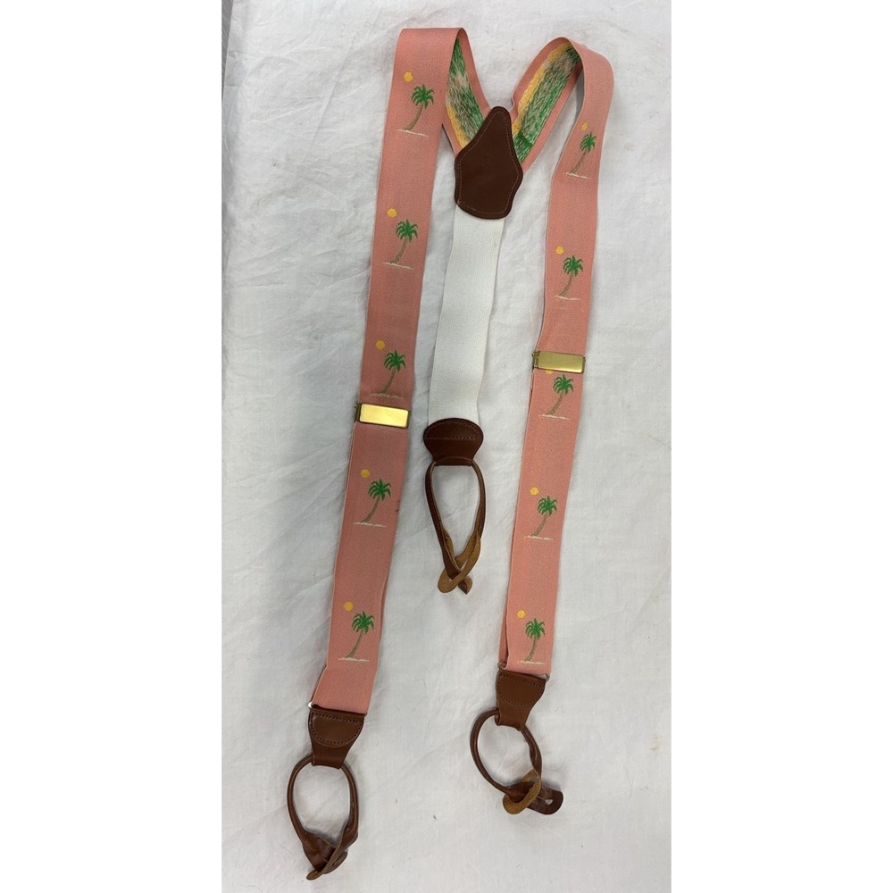 Dooney & Bourke VTG Palm Tree Silk Button Suspenders Pink Salmon Made England